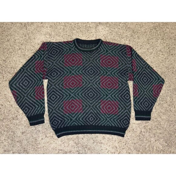 VINTAGE MENS Knit Sweater Grandpa Geometric Retro Preppy Cabin USA Made L READ - Picture 1 of 6